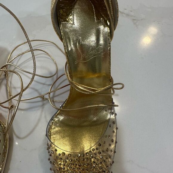 Christian Louboutin Gold Strappy Heels with Crystal Detailing - Picture 12 of 13